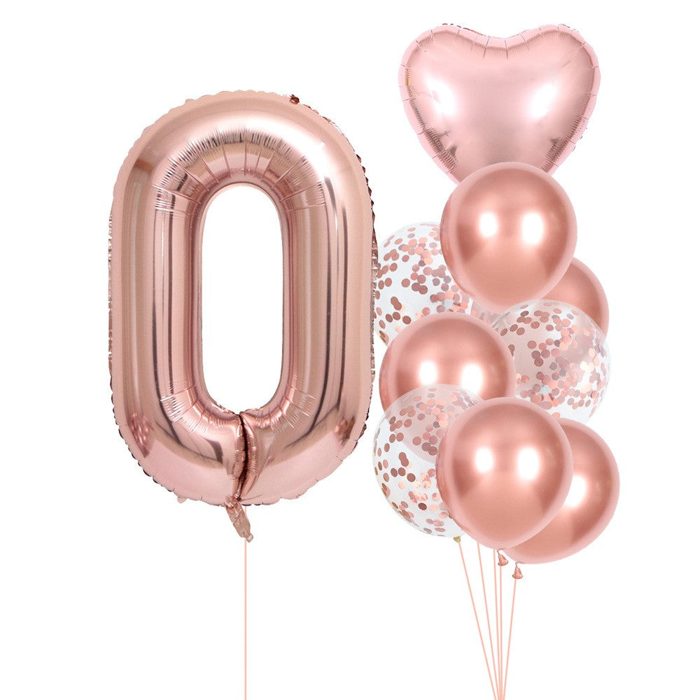 Set 10 Baloane Folie si Latex, ANGELBEAR, Tematica Aniversare, Baloane Latex 25cm, Figurina Inimioara 45 cm, Cifra 0 de 81 cm, Ambalaj Individual, Pai Inclus, Umflare cu Aer sau Heliu, Roz Pal